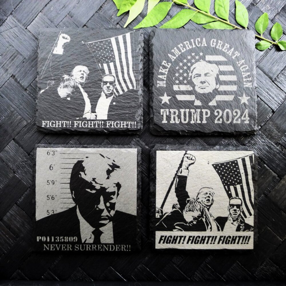 Donald Trump 2024 July 13 Assassination FIGHT Never Surrender Slate Coaster Set
